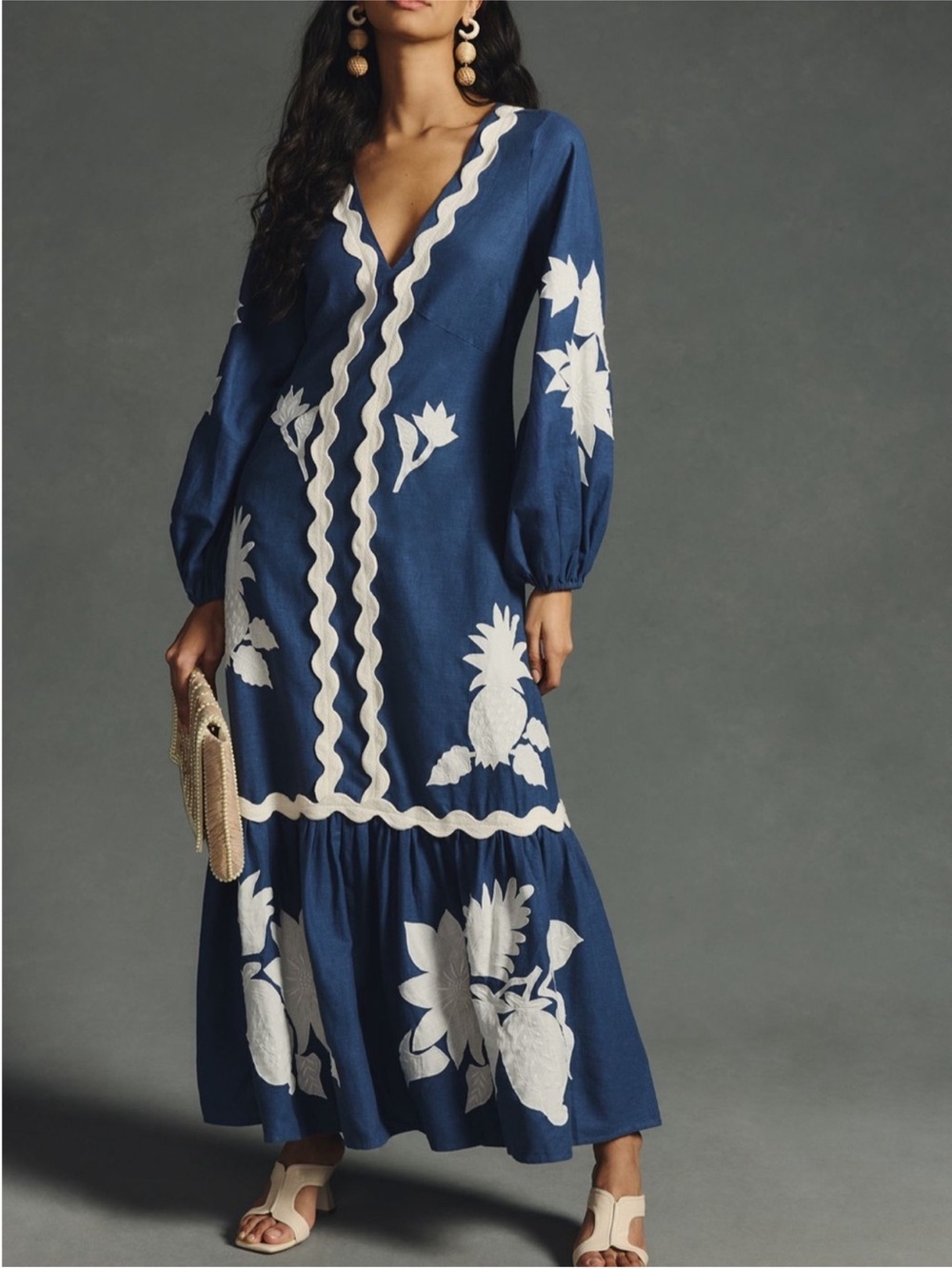 FARM Rio Navy Maxi Dress with White Floral Embroidery